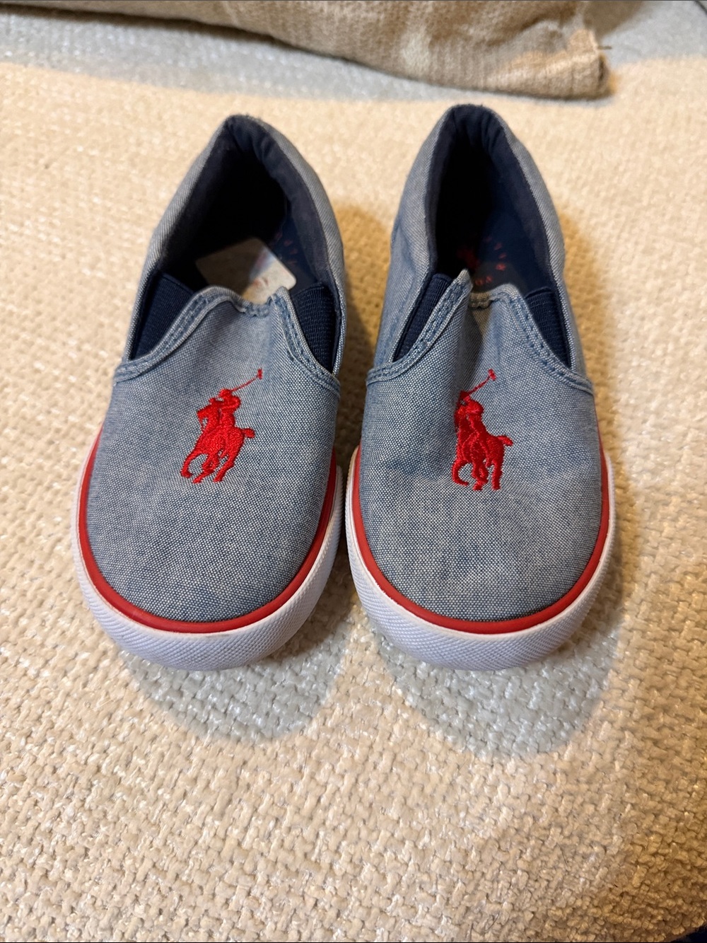 Ralph Lauren Kids Light Denim Slip-On Sneakers with Red Polo Emblem